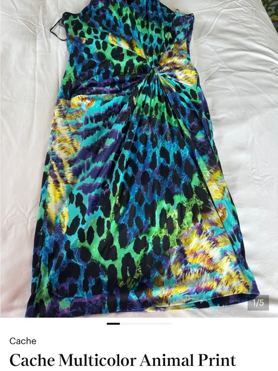 Cache Halter Midi Dress in Blue, Green & Yellow Print